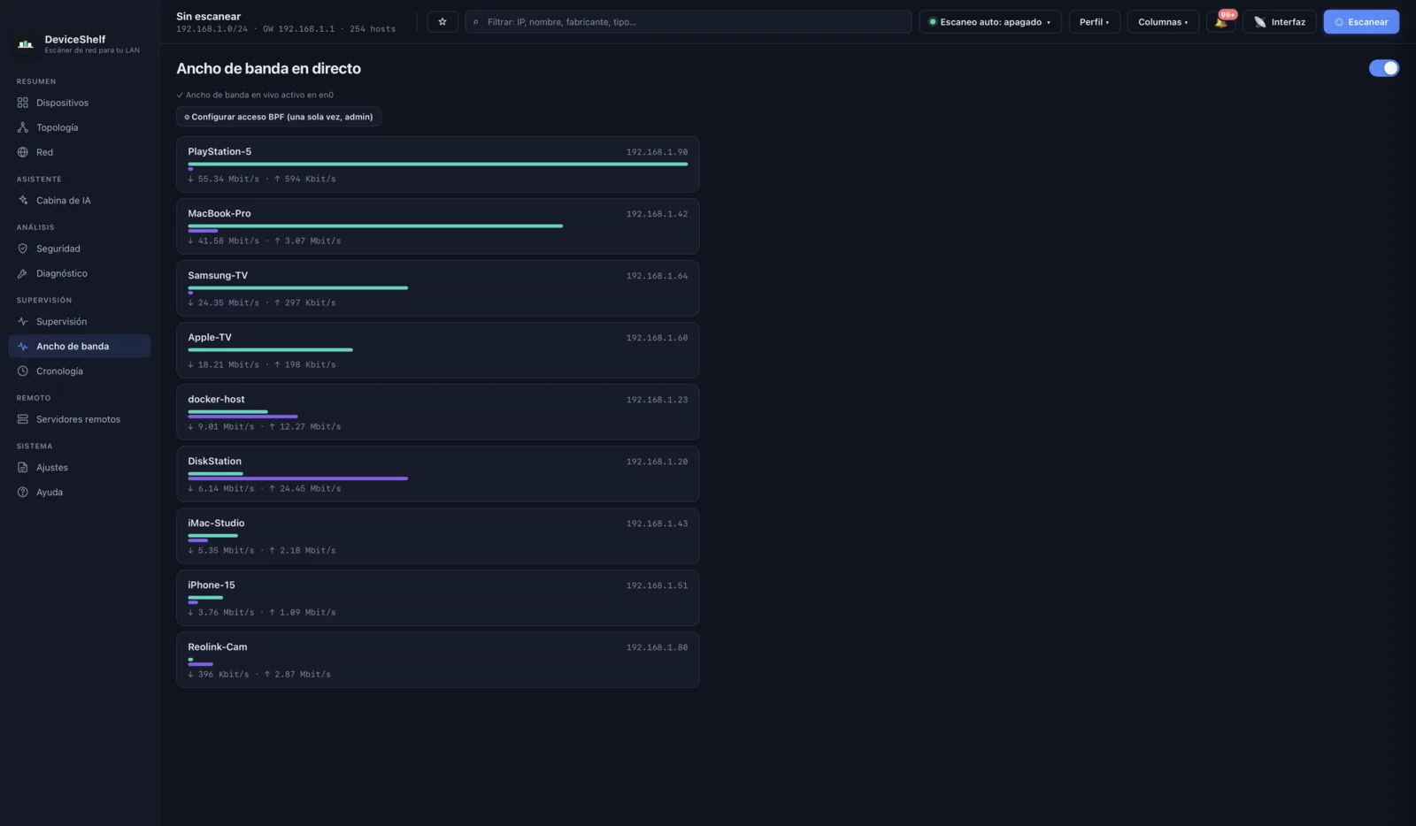 Live per-device bandwidth in DeviceShelf