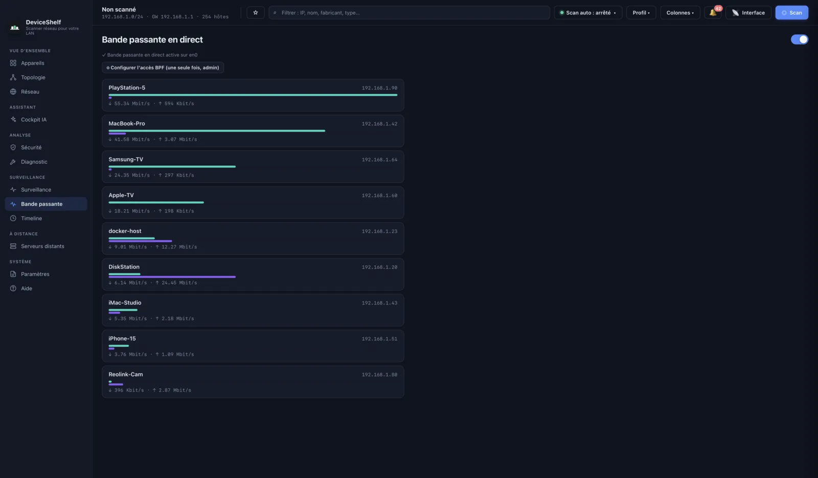 Live per-device bandwidth in DeviceShelf
