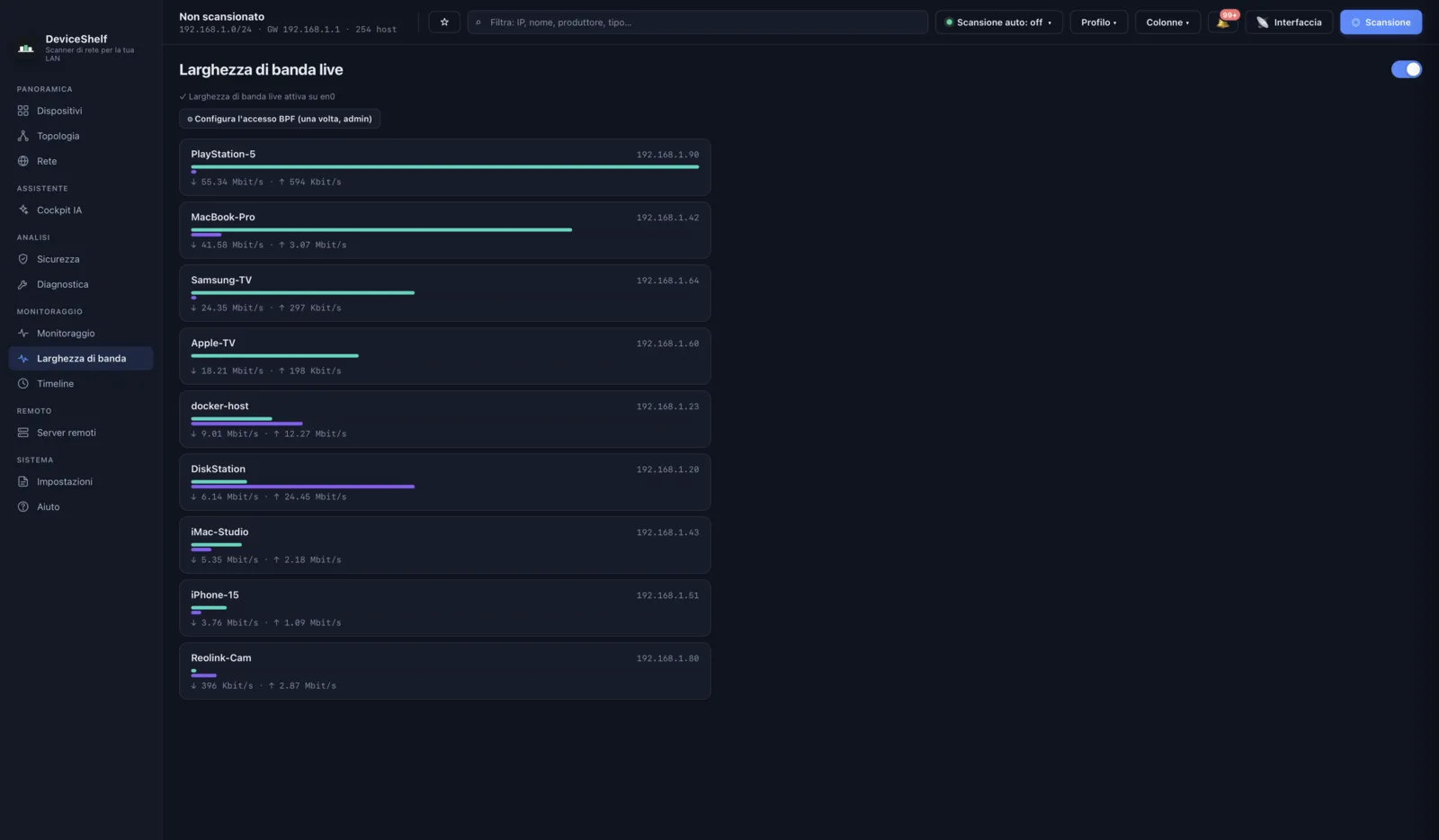 Live per-device bandwidth in DeviceShelf