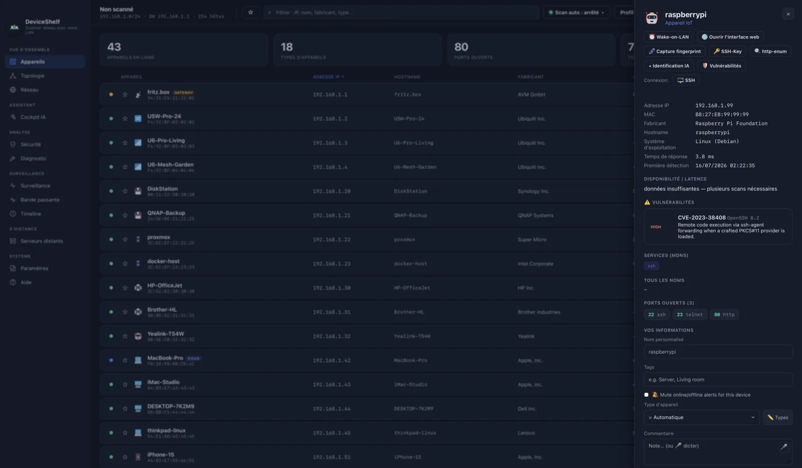 Open ports and services in DeviceShelf