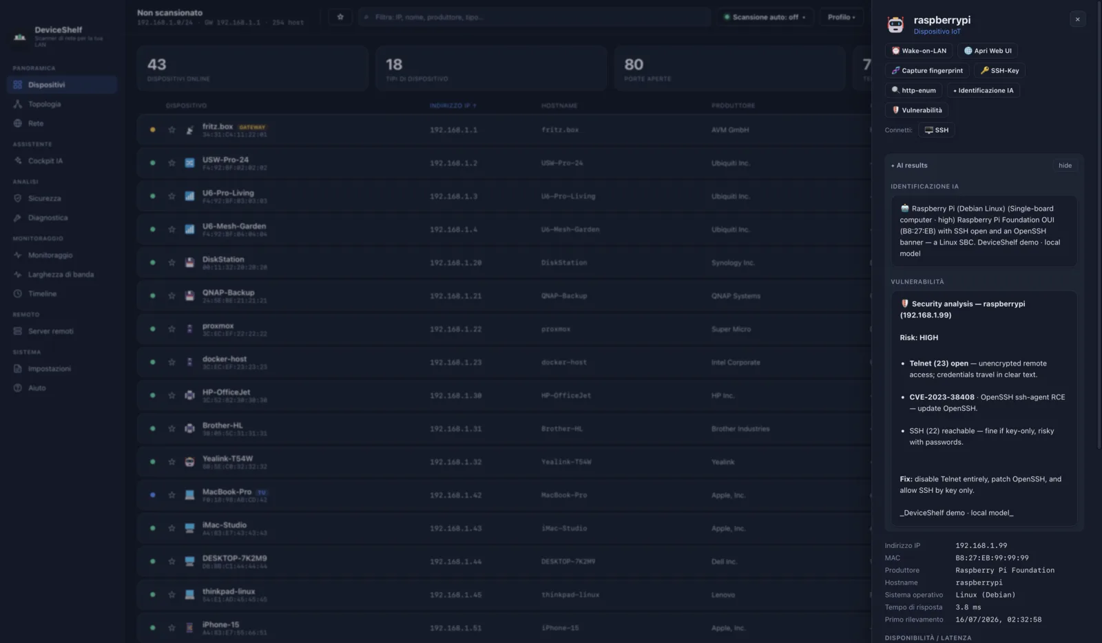 Open ports and services in DeviceShelf