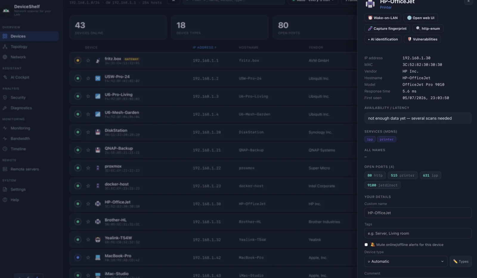 Open ports & services — DeviceShelf
