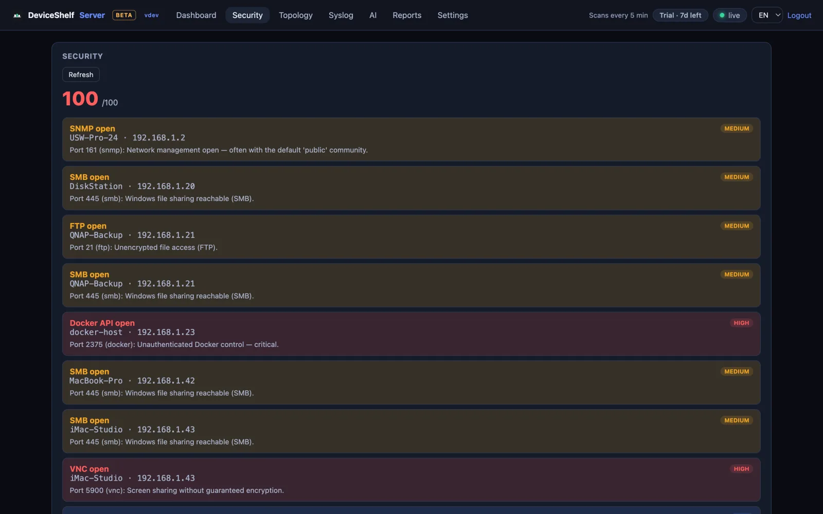 DeviceShelf server security findings — exposed Docker API, VNC, SNMP and SMB