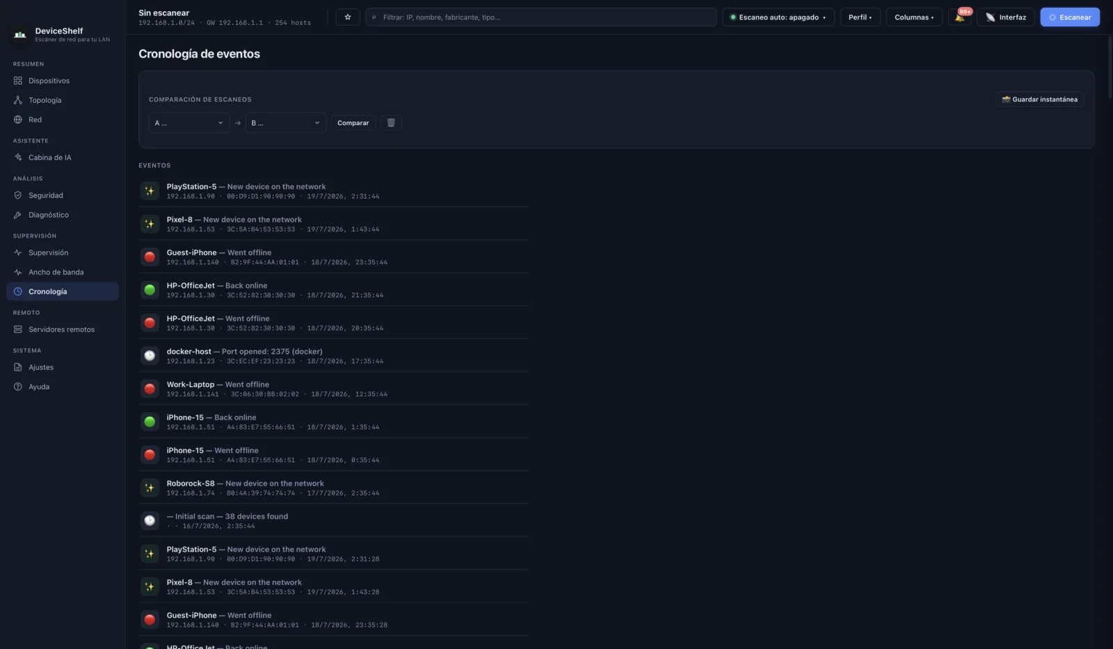 Event timeline in DeviceShelf